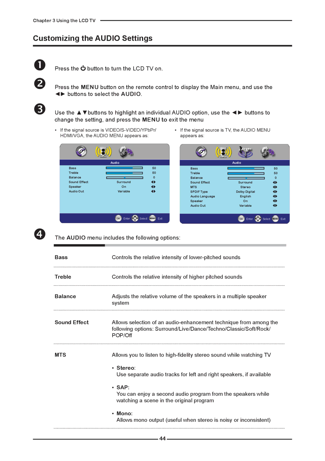 Memorex MLTD2622 manual Customizing the Audio Settings,  The Audio menu includes the following options 