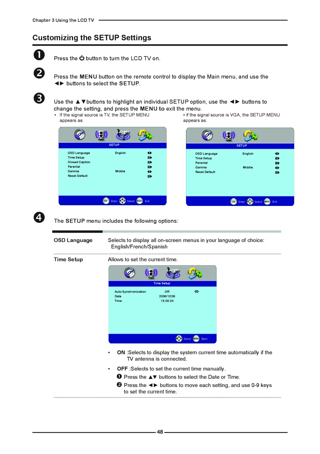 Memorex MLTD2622 Customizing the Setup Settings,  The Setup menu includes the following options, English/French/Spanish 