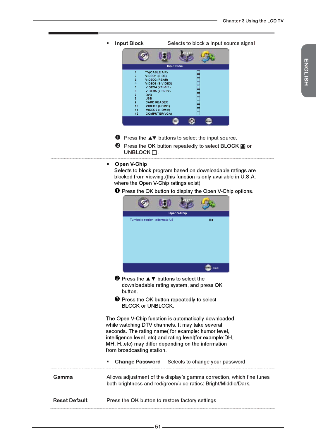 Memorex MLTD2622 manual  Input Block Selects to block a Input source signal,  Open V-Chip 