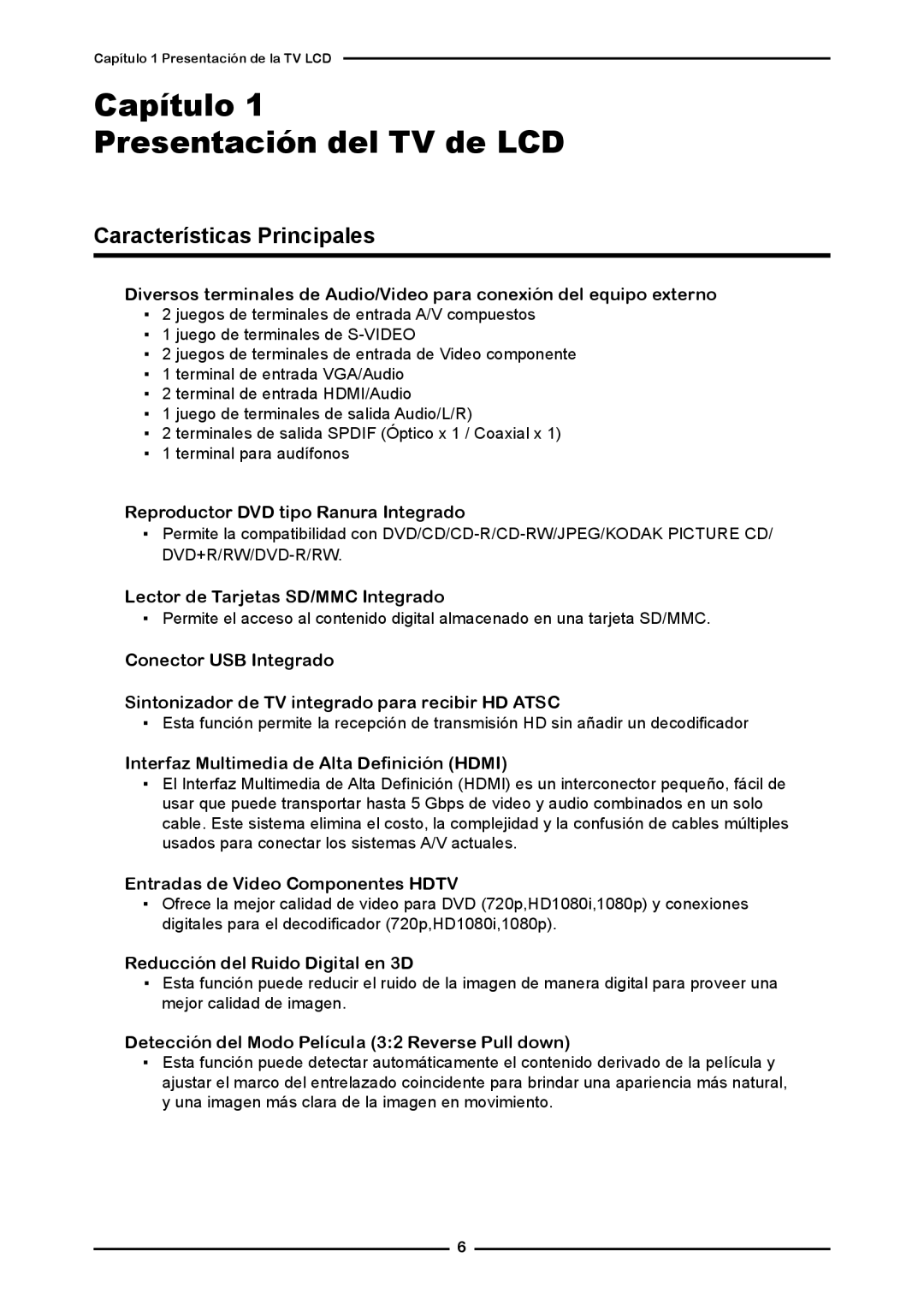 Memorex MLTD2622 manual Capítulo Presentación del TV de LCD, Características Principales 