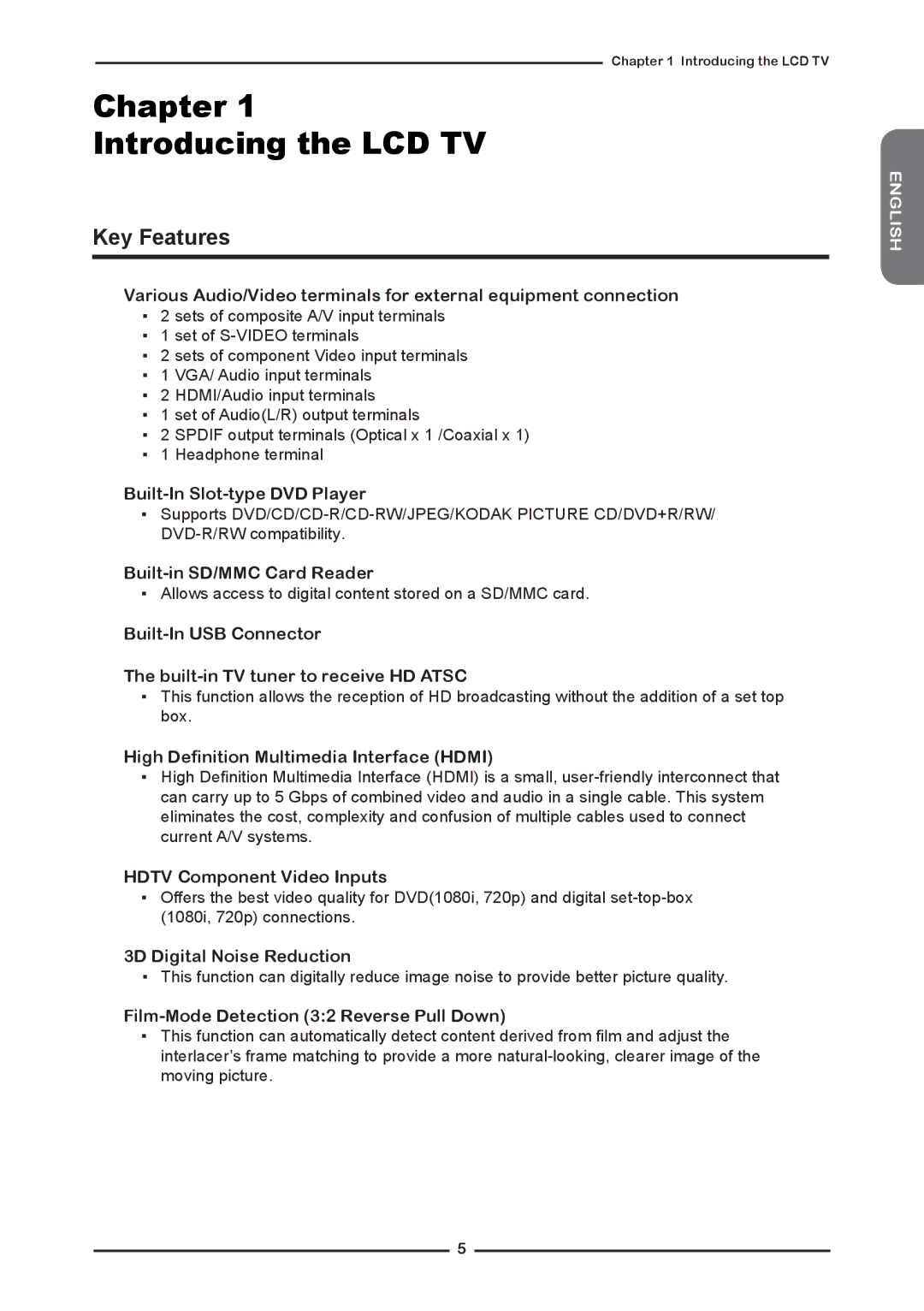 Memorex MLTD2622 manual Chapter Introducing the LCD TV, Key Features 