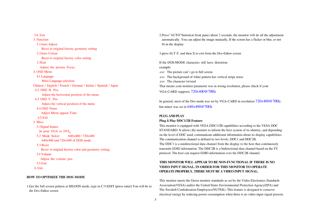 Memorex MM1740 user manual HOW to Optimize the DOS-MODE, Plug and Play, Plug & Play DDC1/2B Feature 