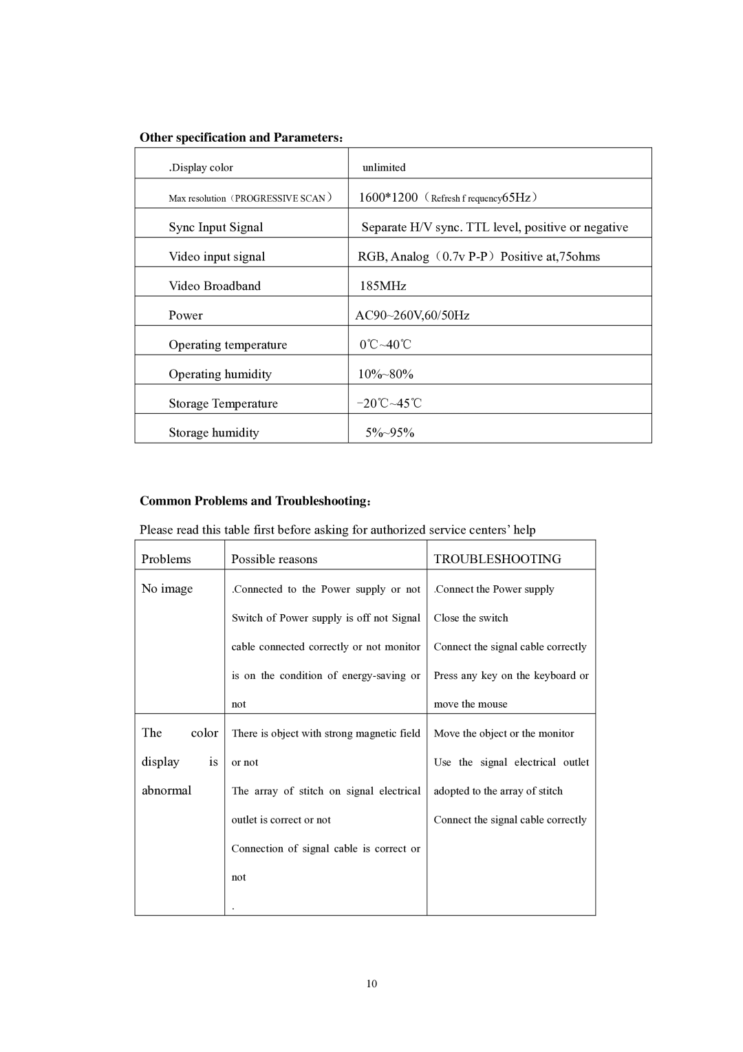 Memorex MM1920 operation manual Other specification and Parameters：, Common Problems and Troubleshooting： 