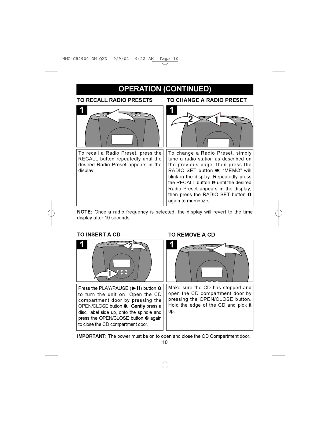 Memorex MMG-CR2900 operating instructions To Recall Radio Presets To Change a Radio Preset, To Insert a CD To Remove a CD 