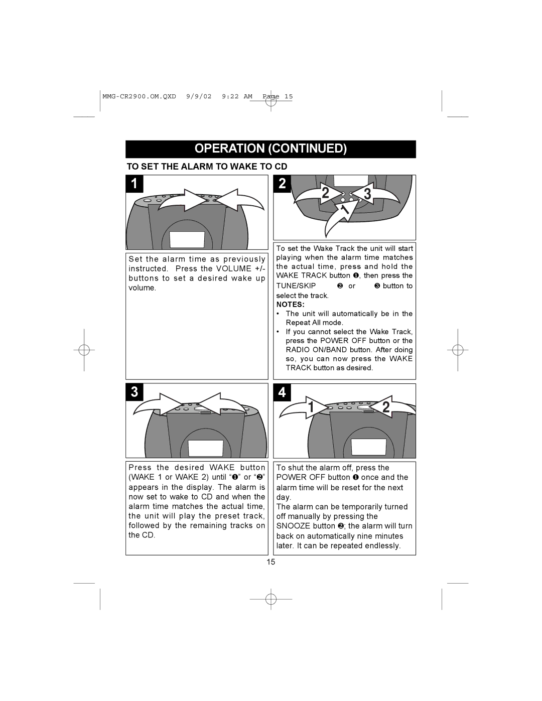 Memorex MMG-CR2900 operating instructions To SET the Alarm to Wake to CD 