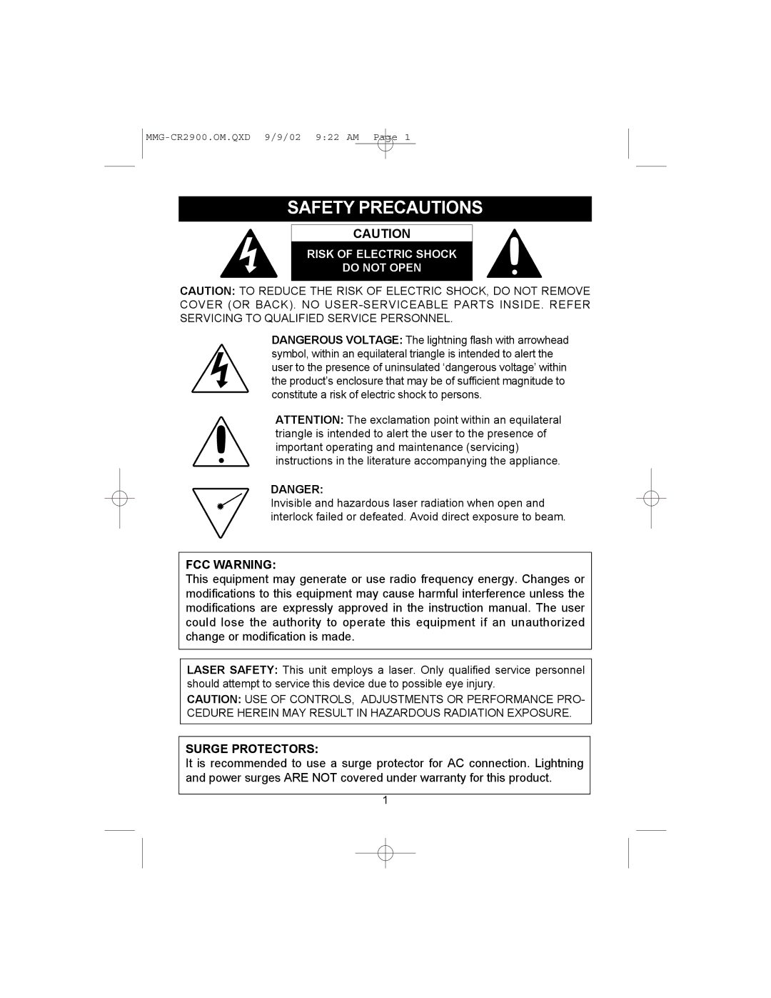 Memorex MMG-CR2900 operating instructions Safety Precautions, FCC Warning, Surge Protectors 