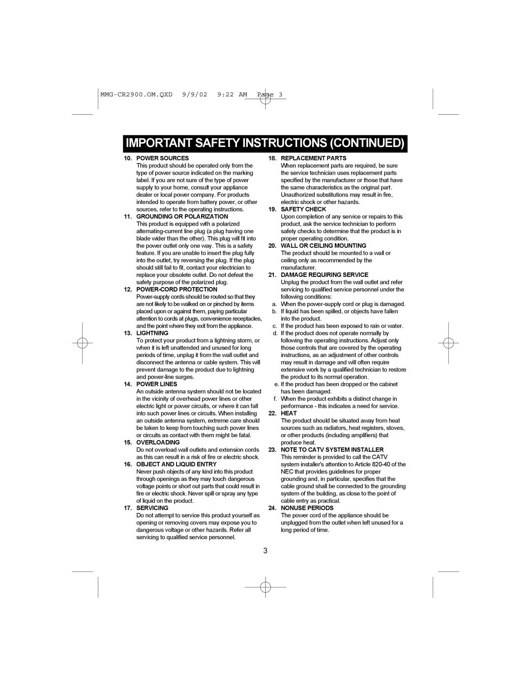 Memorex MMG-CR2900 operating instructions Wall or Ceiling Mounting 