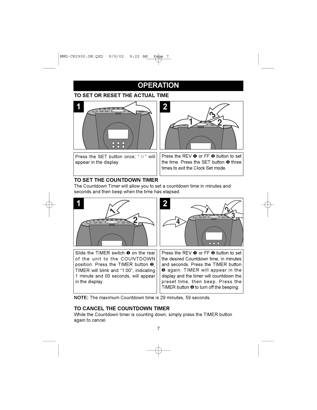 Memorex MMG-CR2900 Operation, To SET or Reset the Actual Time, To SET the Countdown Timer, To Cancel the Countdown Timer 