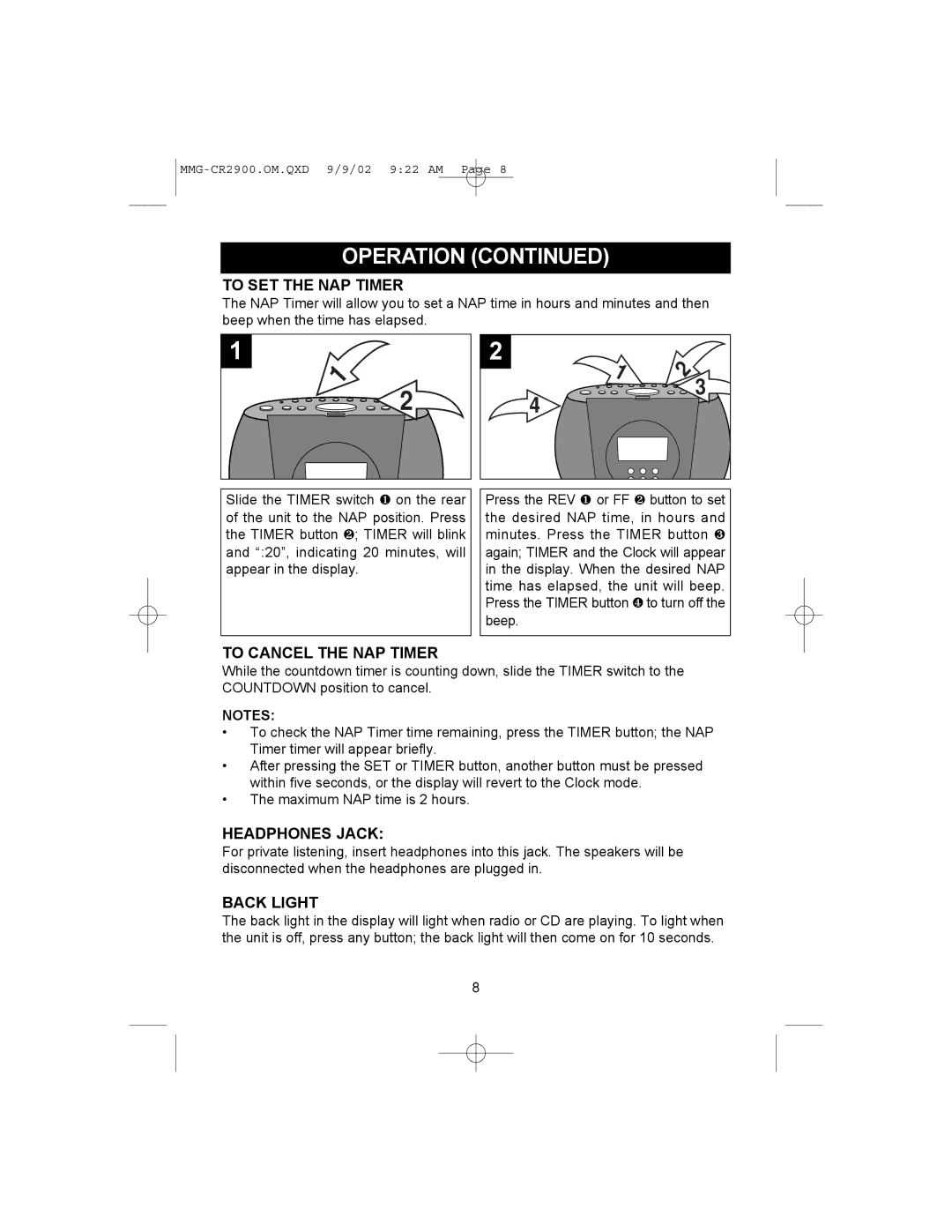 Memorex MMG-CR2900 operating instructions To SET the NAP Timer, To Cancel the NAP Timer, Headphones Jack, Back Light 