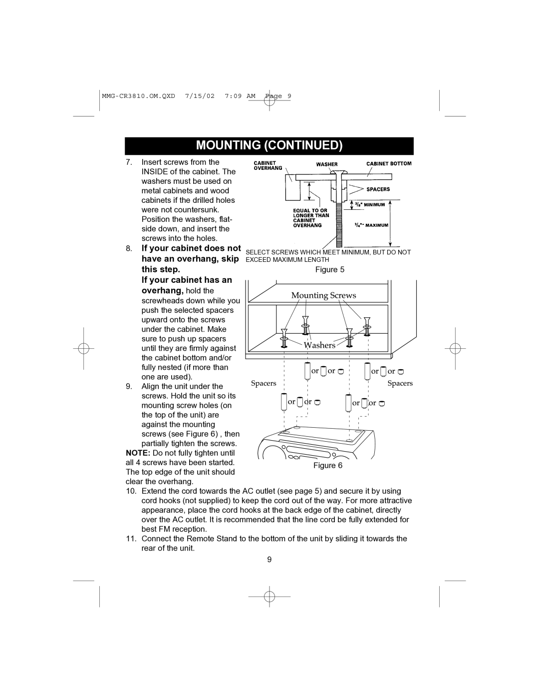 Memorex MMG-CR3810 operating instructions Oror, Mounting 