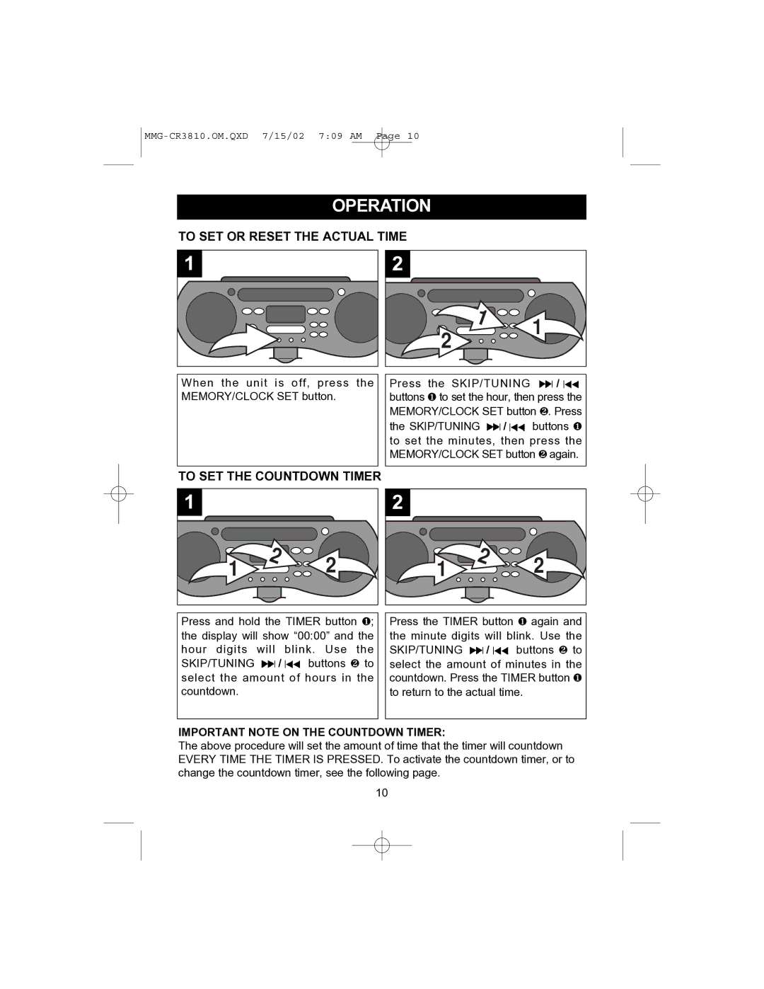 Memorex MMG-CR3810 operating instructions Operation, To SET or Reset the Actual Time, To SET the Countdown Timer 