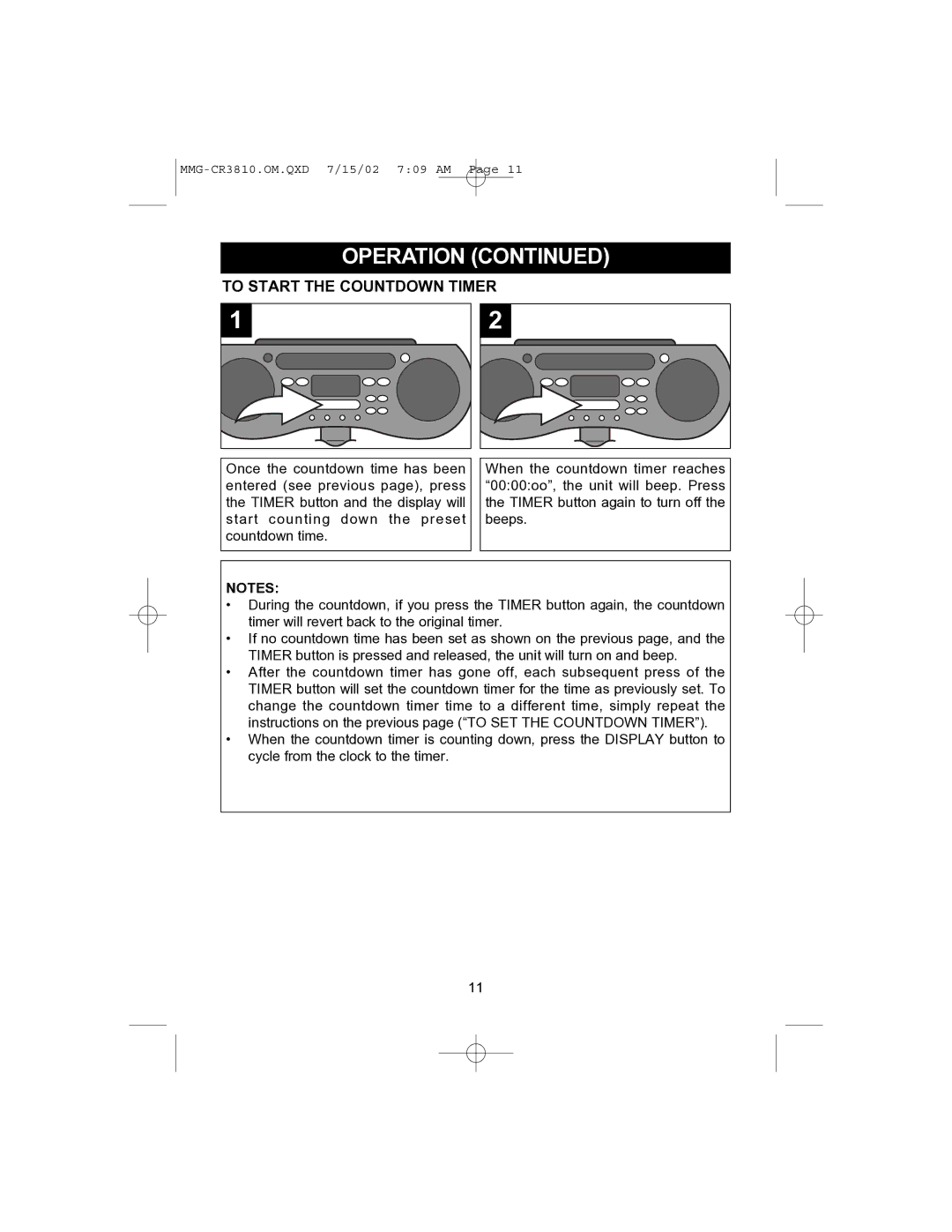 Memorex MMG-CR3810 operating instructions To Start the Countdown Timer 