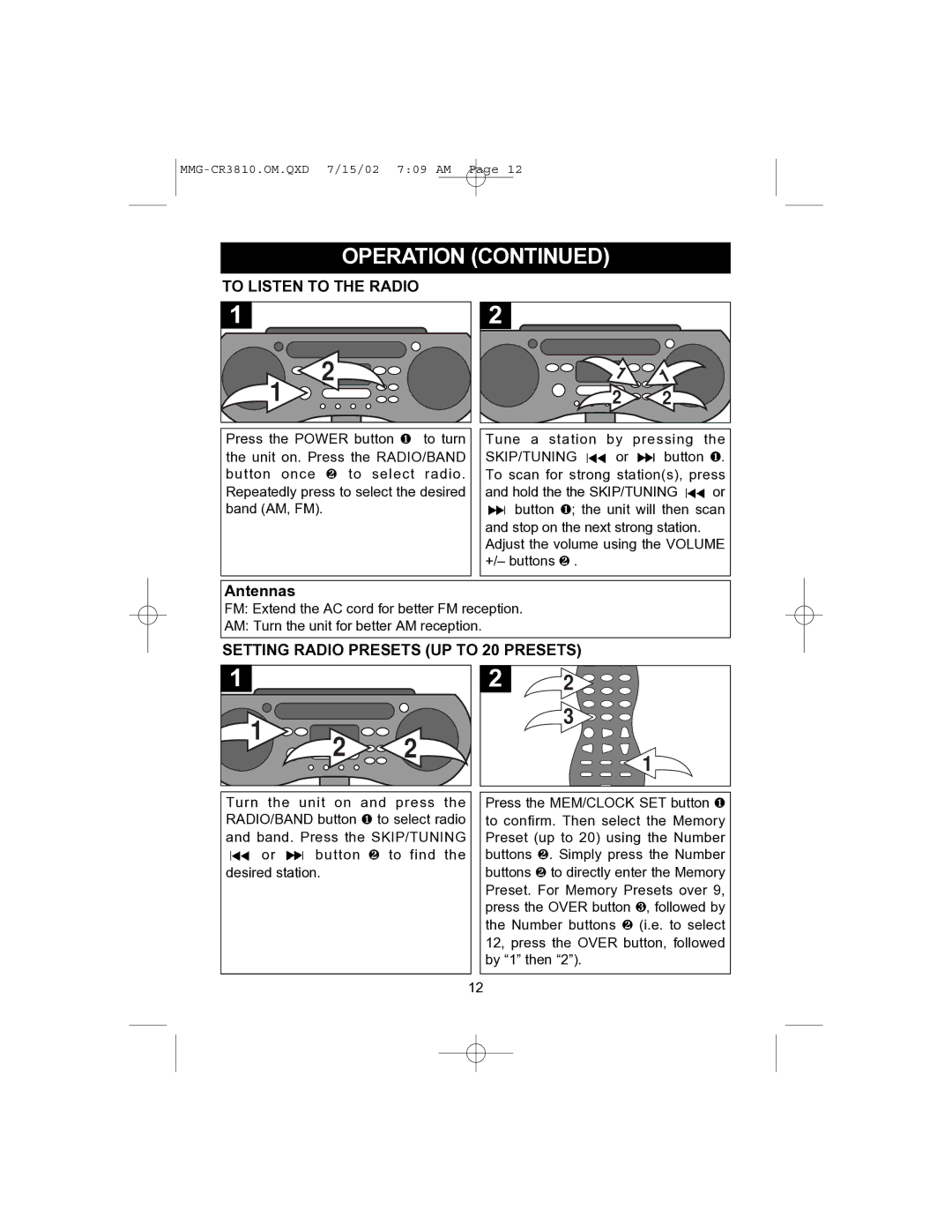 Memorex MMG-CR3810 operating instructions To Listen to the Radio, Setting Radio Presets UP to 20 Presets 