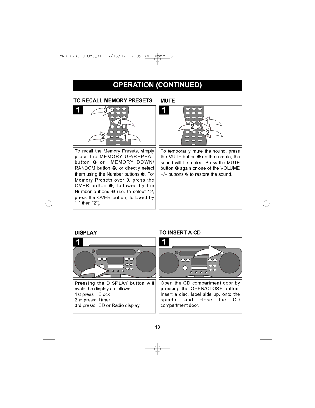 Memorex MMG-CR3810 operating instructions To Recall Memory Presets Mute, Display, To Insert a CD 