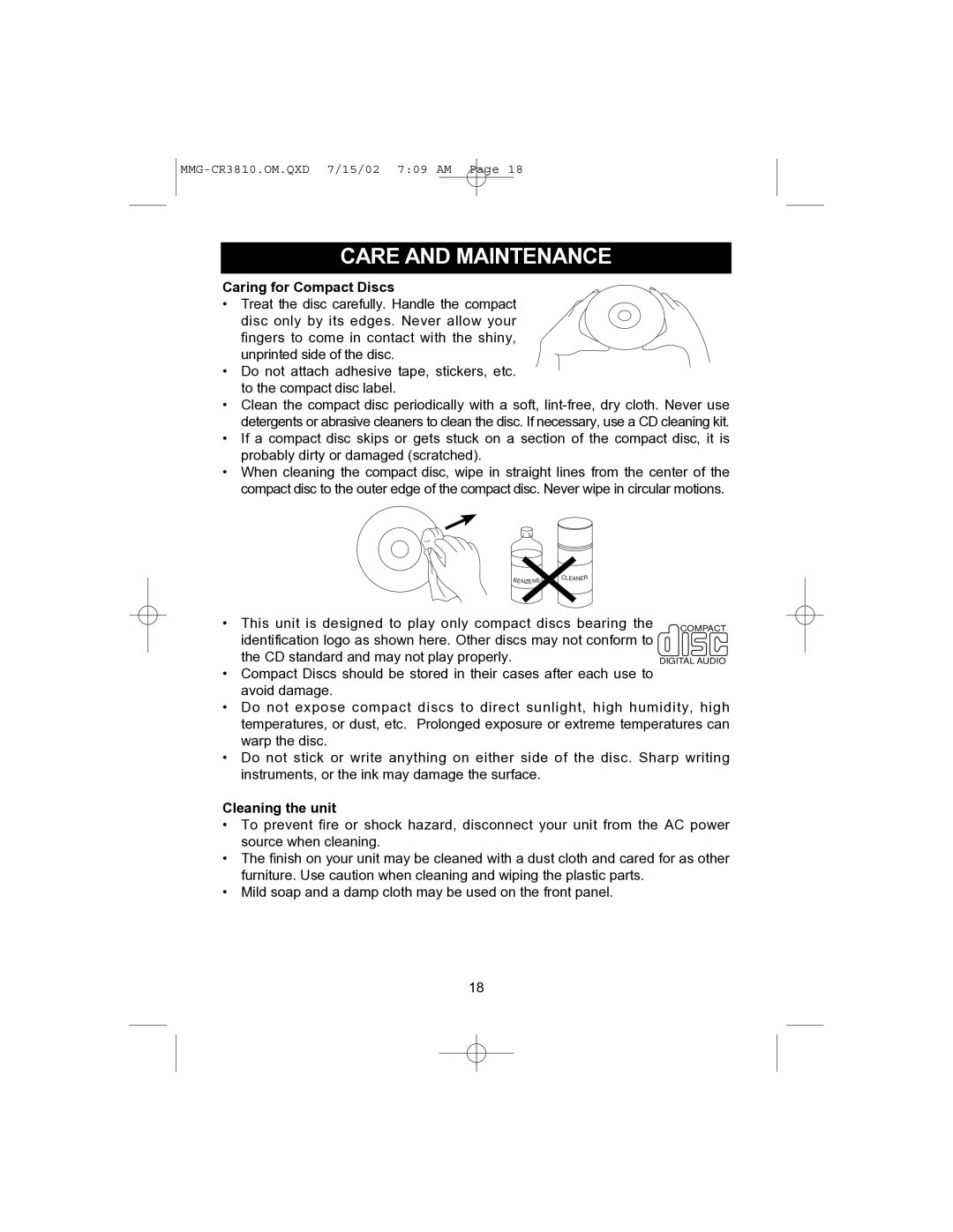 Memorex MMG-CR3810 operating instructions Care and Maintenance, Caring for Compact Discs 