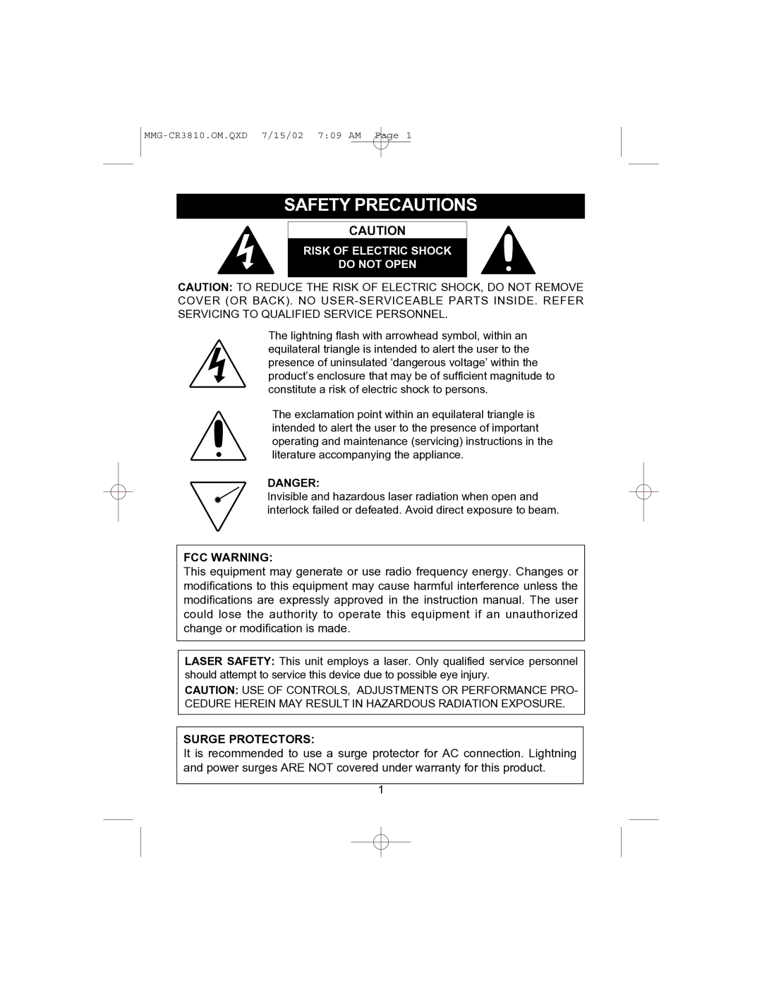 Memorex MMG-CR3810 operating instructions Safety Precautions, FCC Warning, Surge Protectors 