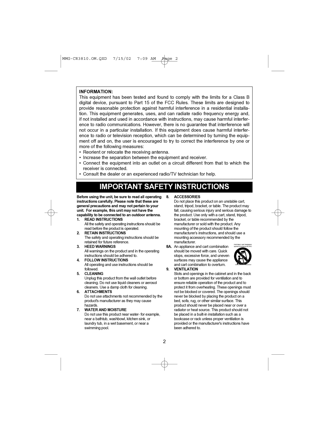 Memorex MMG-CR3810 operating instructions Important Safety Instructions, Information 