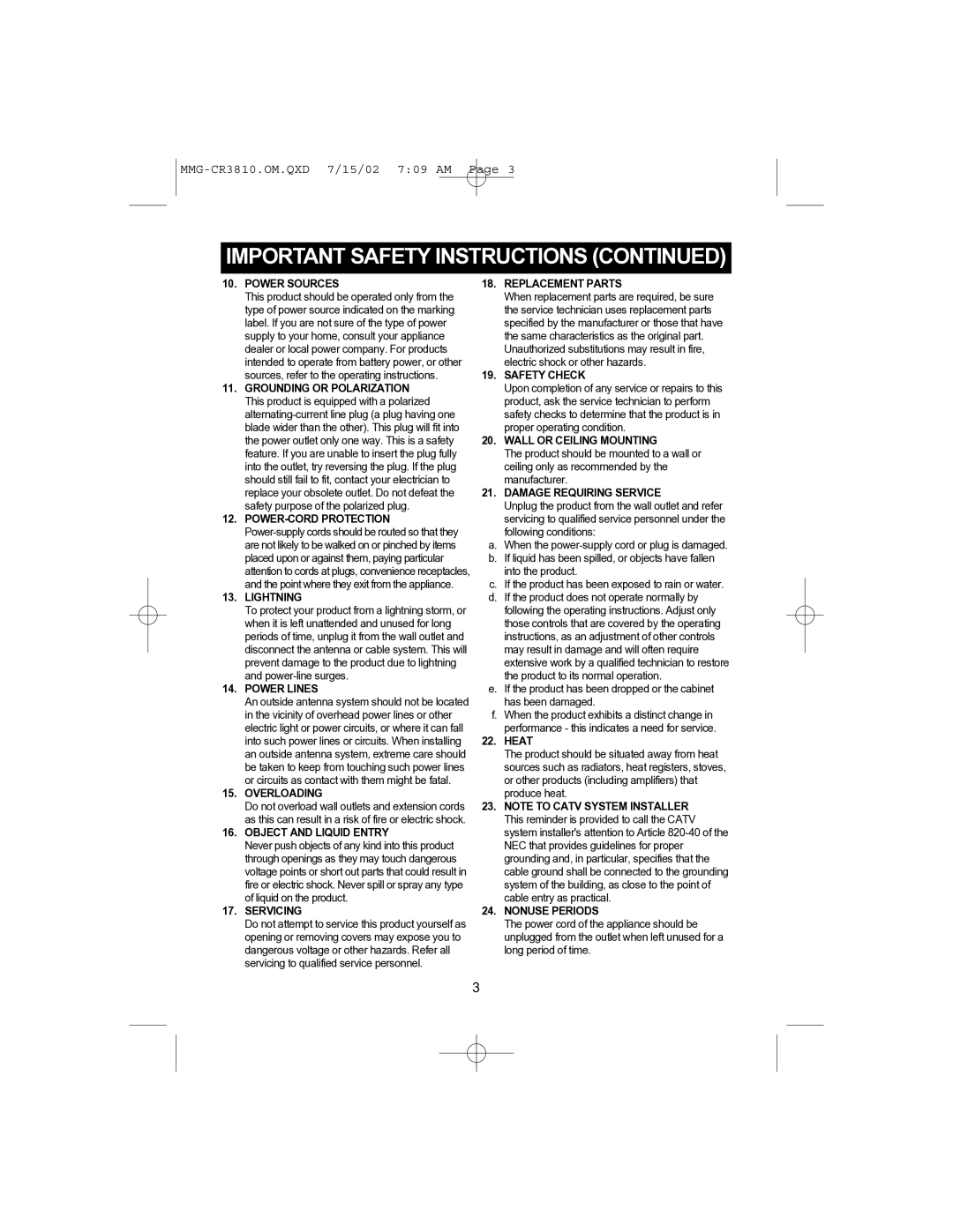 Memorex MMG-CR3810 operating instructions Wall or Ceiling Mounting 