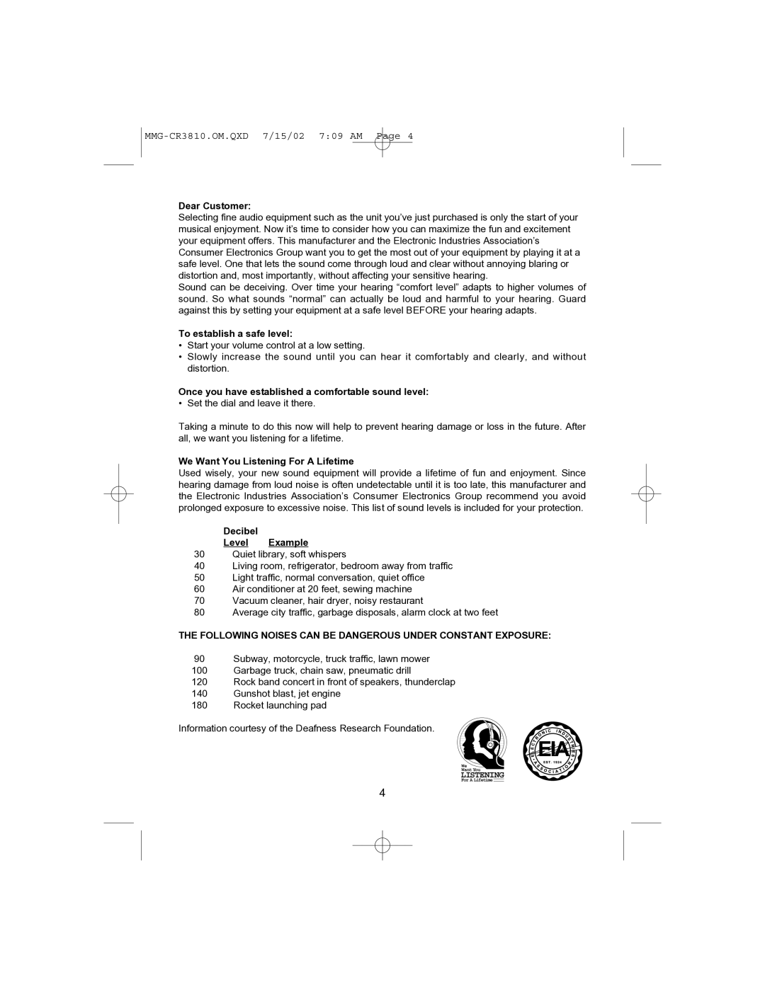 Memorex MMG-CR3810 operating instructions Following Noises can be Dangerous Under Constant Exposur 