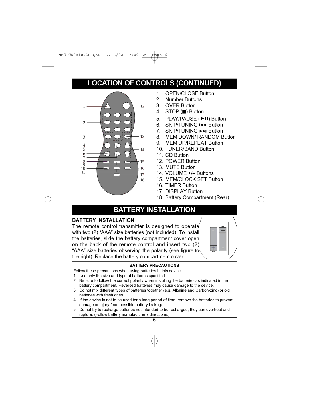 Memorex MMG-CR3810 operating instructions Battery Installation 