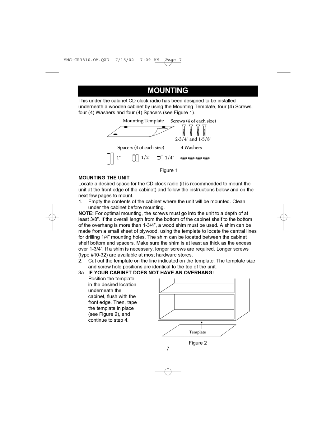 Memorex MMG-CR3810 operating instructions MountingTemplateMOUNTINGScrews2-3/44andofeach1-5/8size, Mounting the Unit 