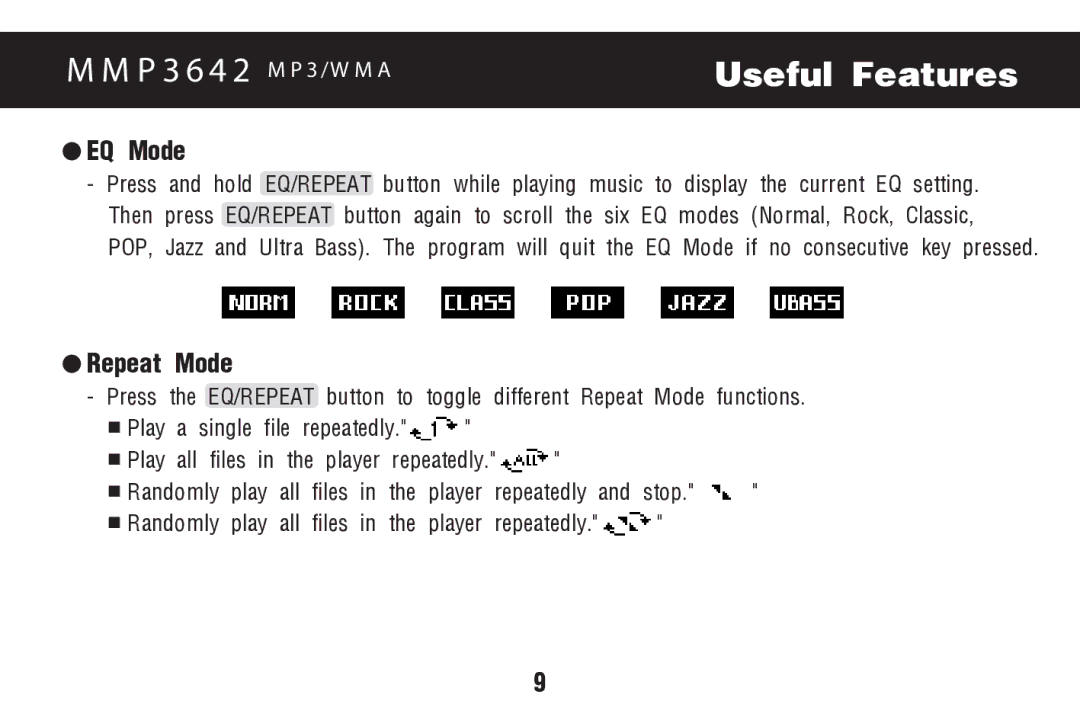 Memorex MMP3642 manual Useful Features, EQ Mode, Repeat Mode 