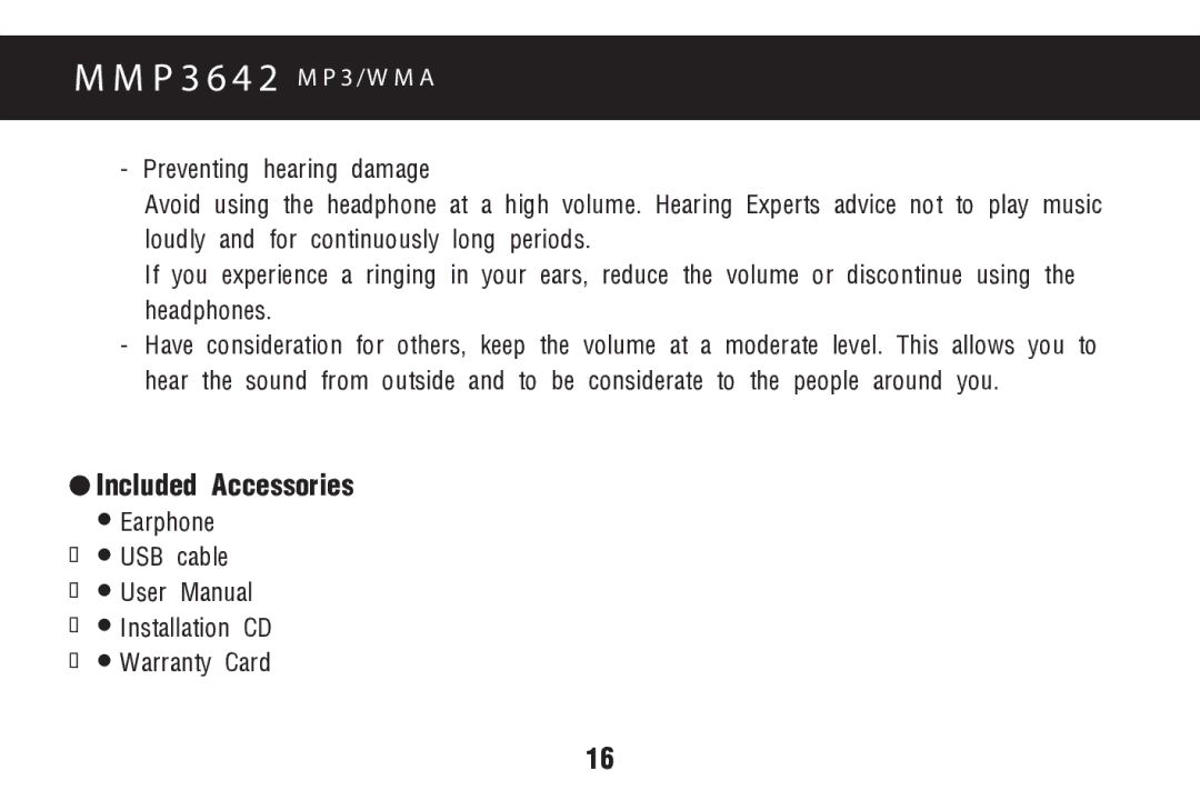 Memorex MMP3642 manual USB cable Installation CD Warranty Card 