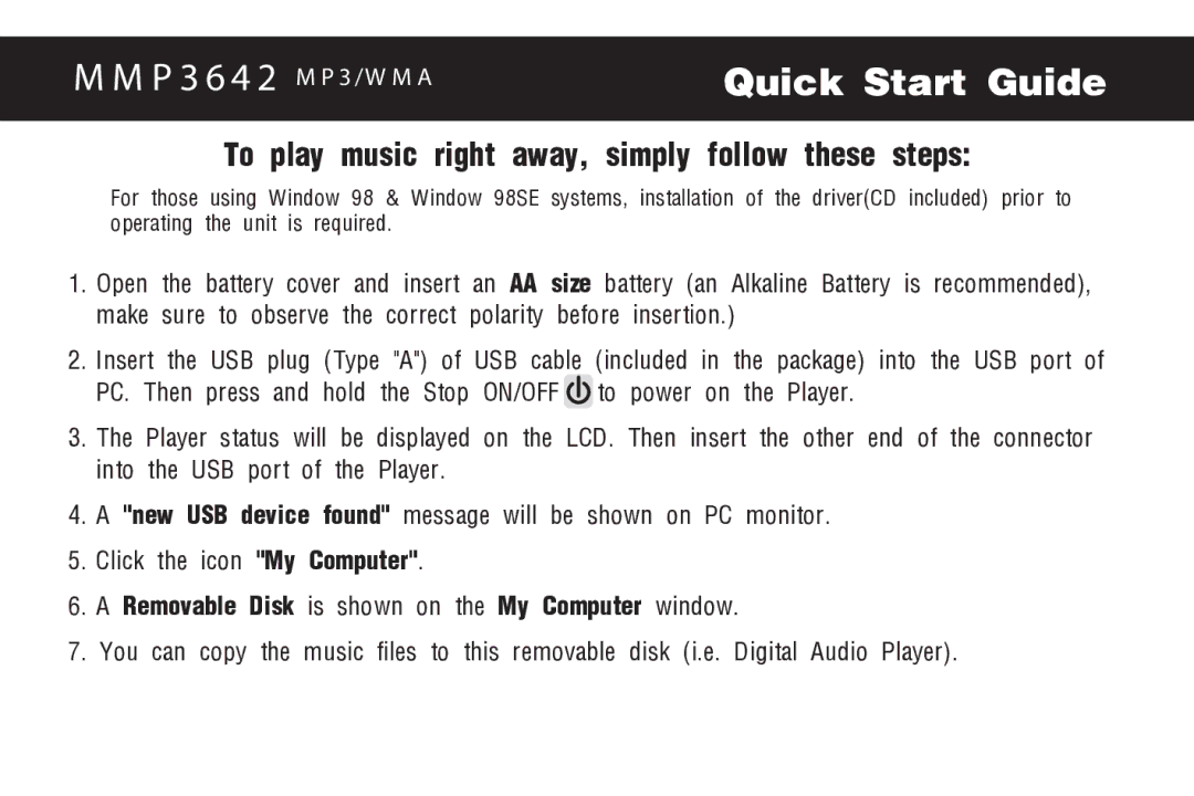 Memorex MMP3642 manual Quick Start Guide, To play music right away, simply follow these steps 