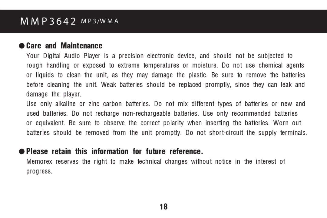 Memorex MMP3642 manual Care and Maintenance, Please retain this information for future reference 