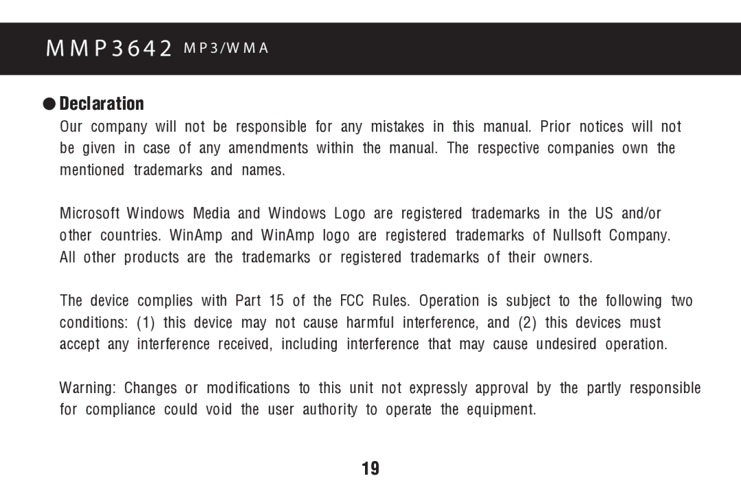 Memorex MMP3642 manual Declaration 