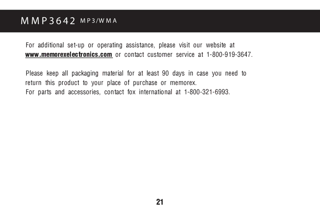 Memorex MMP3642 manual For parts and accessories, contact fox international at 