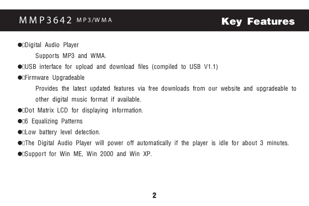 Memorex MMP3642 manual Key Features 