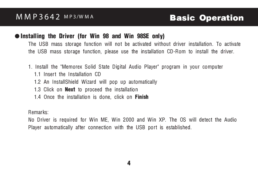 Memorex MMP3642 manual Basic Operation, Installing the Driver for Win 98 and Win 98SE only 