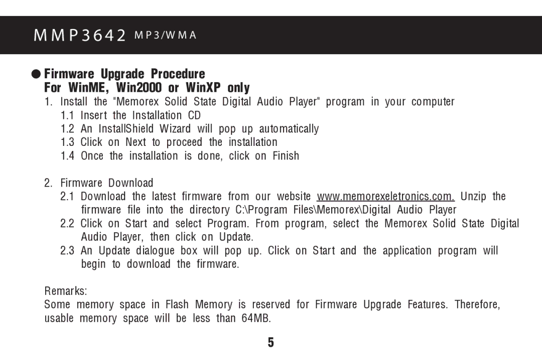 Memorex MMP3642 manual Firmware Upgrade Procedure For WinME, Win2000 or WinXP only 