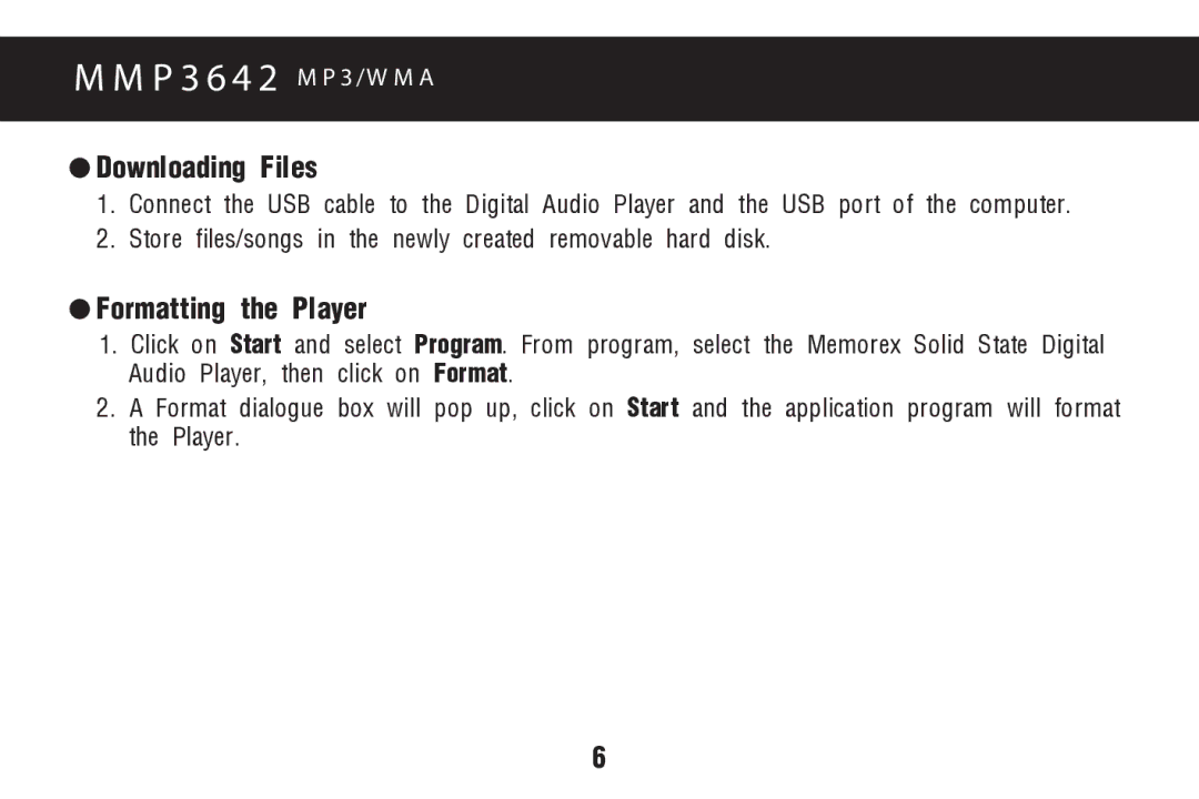 Memorex MMP3642 manual Downloading Files, Formatting the Player 