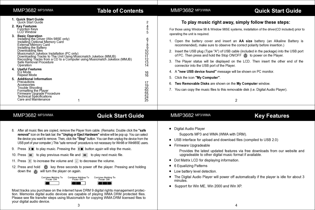 Memorex MMP3682 manual Table of Contents, Quick Start Guide, Key Features 