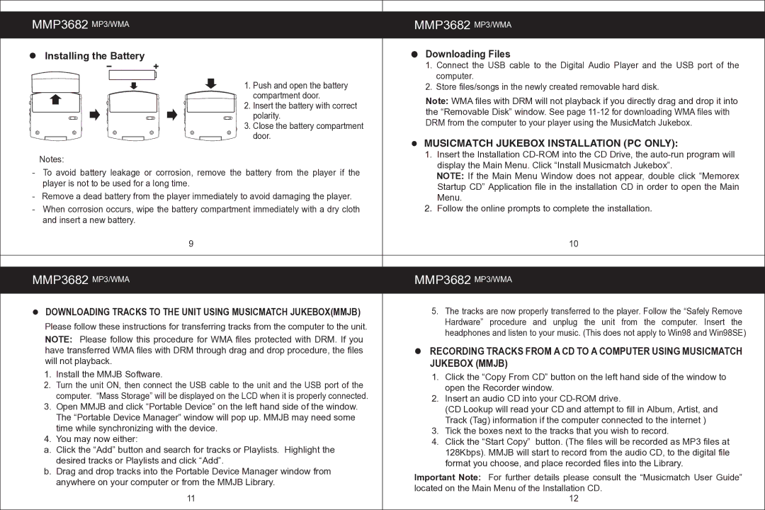 Memorex MMP3682 manual  Installing the Battery, Downloading Files 