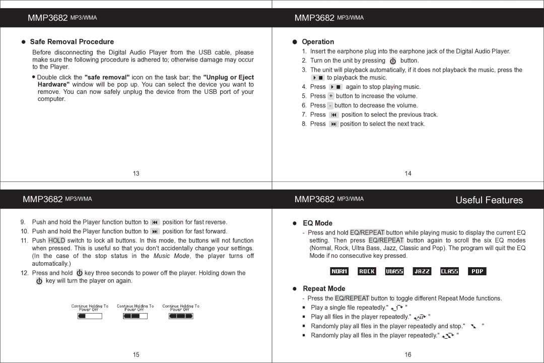 Memorex MMP3682 manual Useful Features,  Safe Removal Procedure, Operation,  EQ Mode,  Repeat Mode 