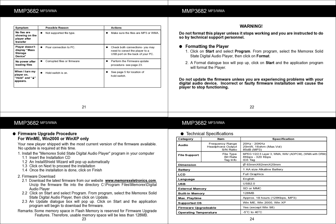 Memorex MMP3682 manual Formatting the Player, Firmware Upgrade Procedure For WinME, Win2000 or WinXP only 