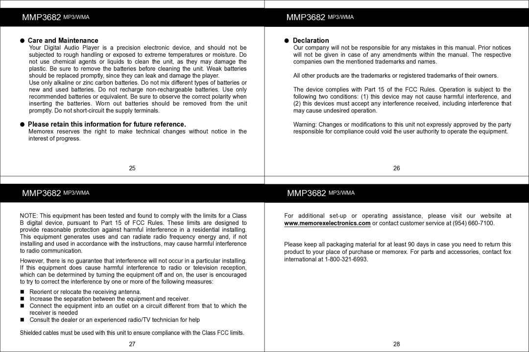 Memorex MMP3682 manual Care and Maintenance, Please retain this information for future reference, Declaration 