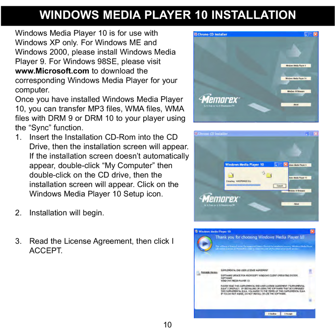 Memorex MMP3774 manual Windows Media Player 10 Installation 