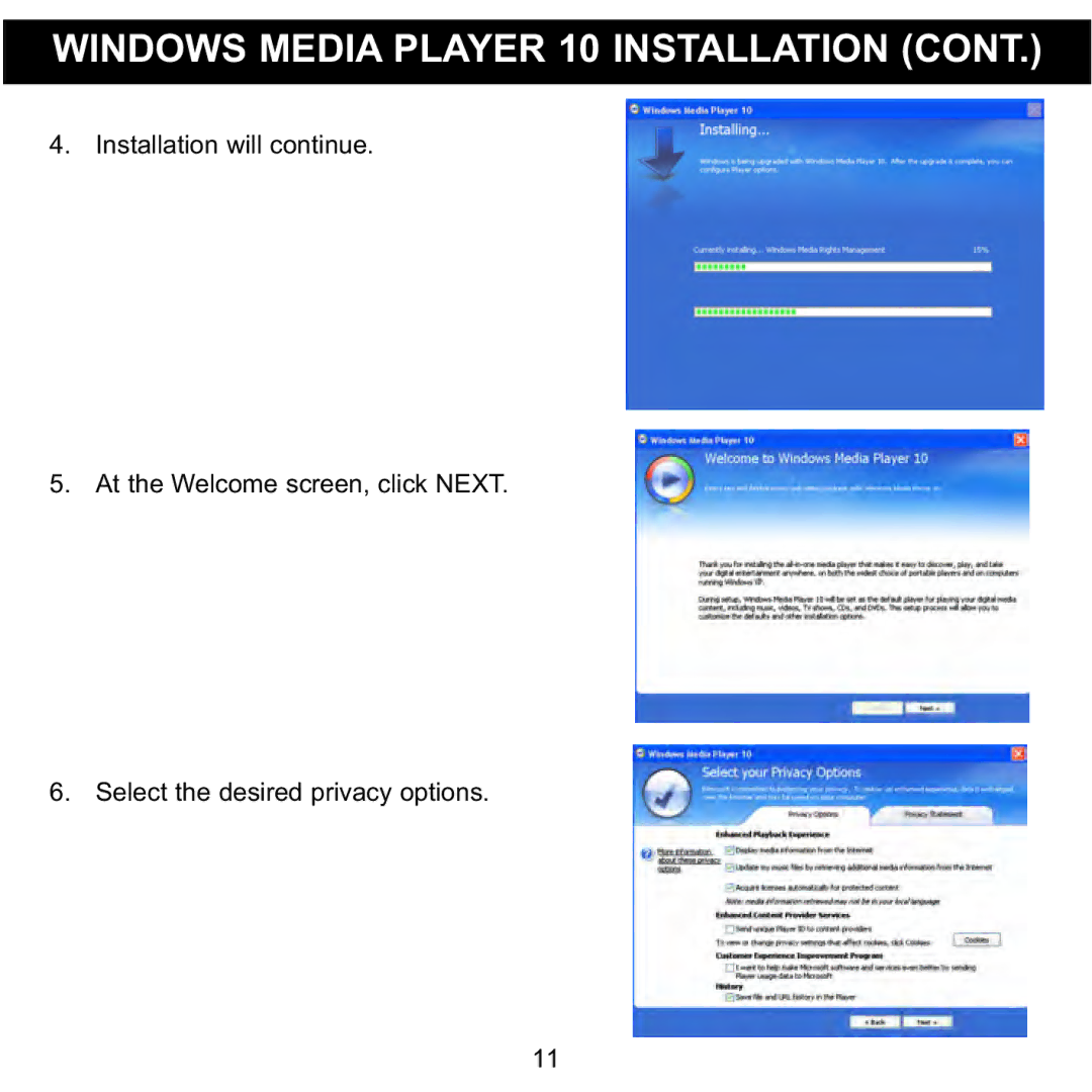 Memorex MMP3774 manual Windows Media Player 10 Installation 