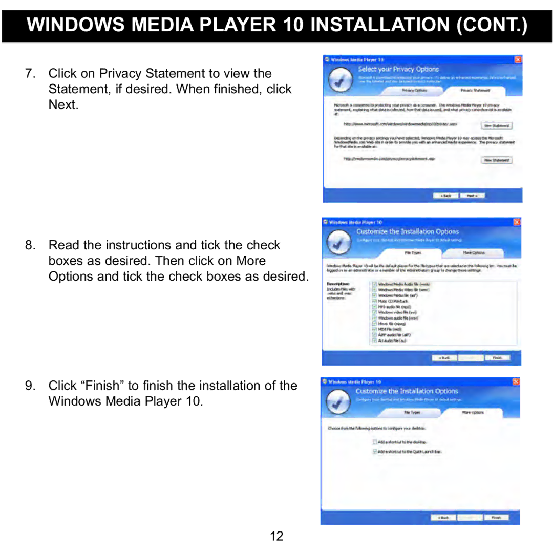 Memorex MMP3774 manual Windows Media Player 10 Installation 