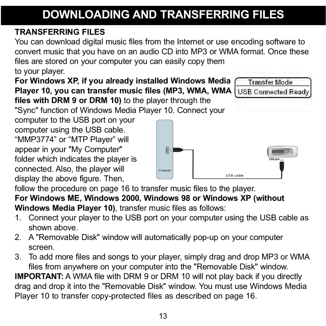 Memorex MMP3774 manual Downloading and Transferring Files 