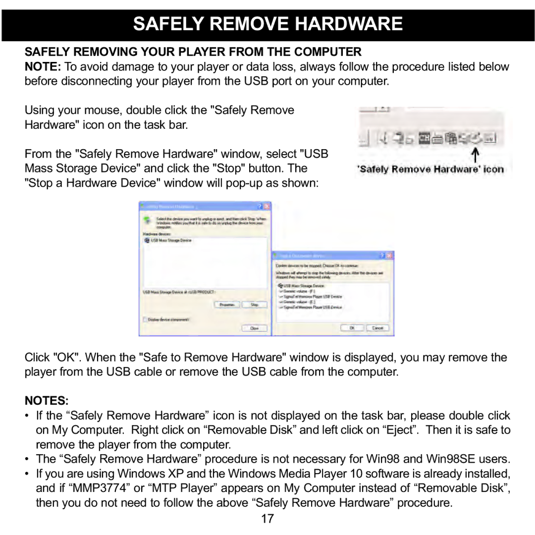 Memorex MMP3774 manual Safely Remove Hardware, Safely Removing Your Player from the Computer 