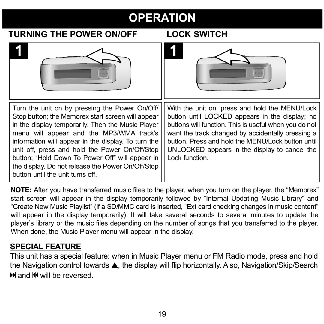 Memorex MMP3774 manual Operation, Turning the Power ON/OFF Lock Switch 