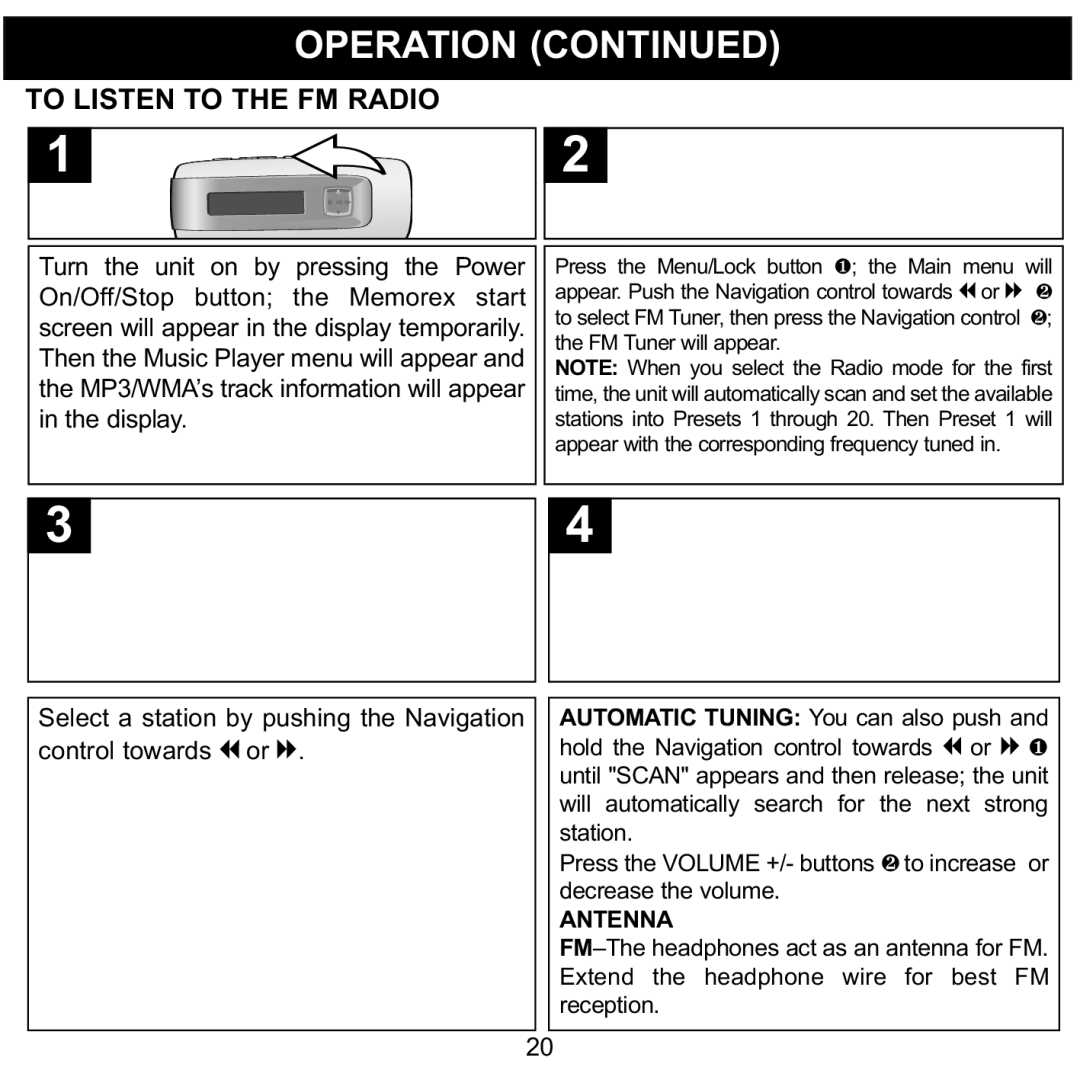 Memorex MMP3774 manual To Listen to the FM Radio, On/Off/Stop button Memorex start 