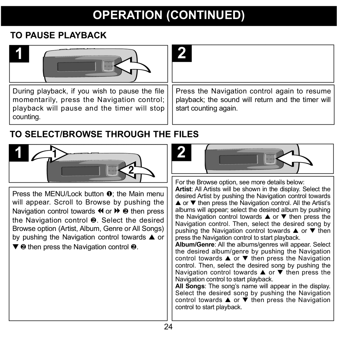 Memorex MMP3774 manual To Pause Playback, To SELECT/BROWSE Through the Files 