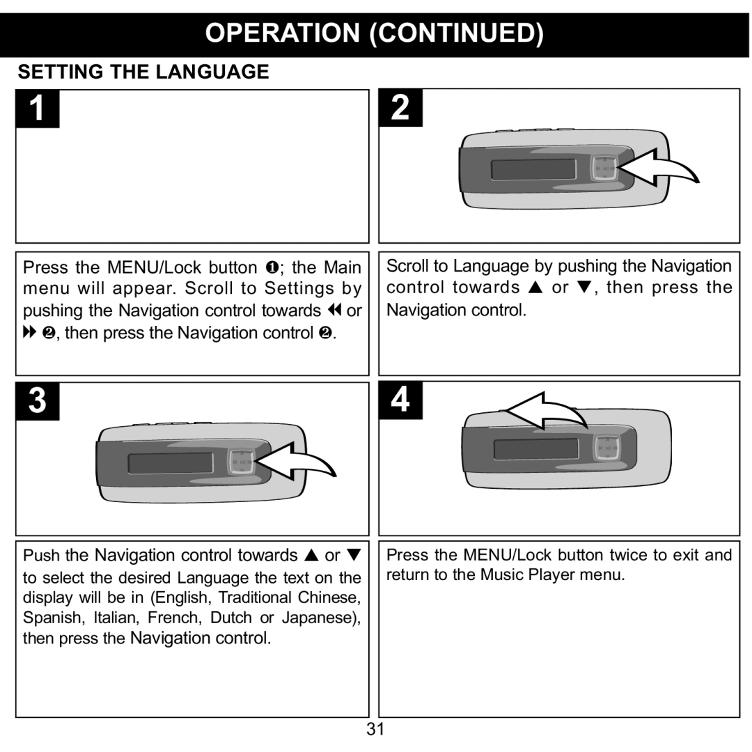 Memorex MMP3774 manual Setting the Language 