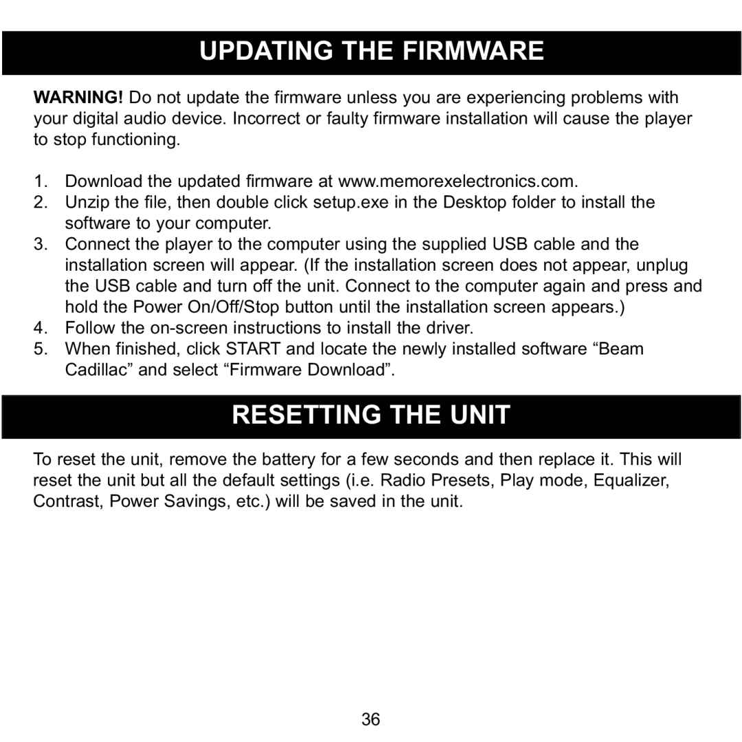 Memorex MMP3774 manual Updating the Firmware, Resetting the Unit 